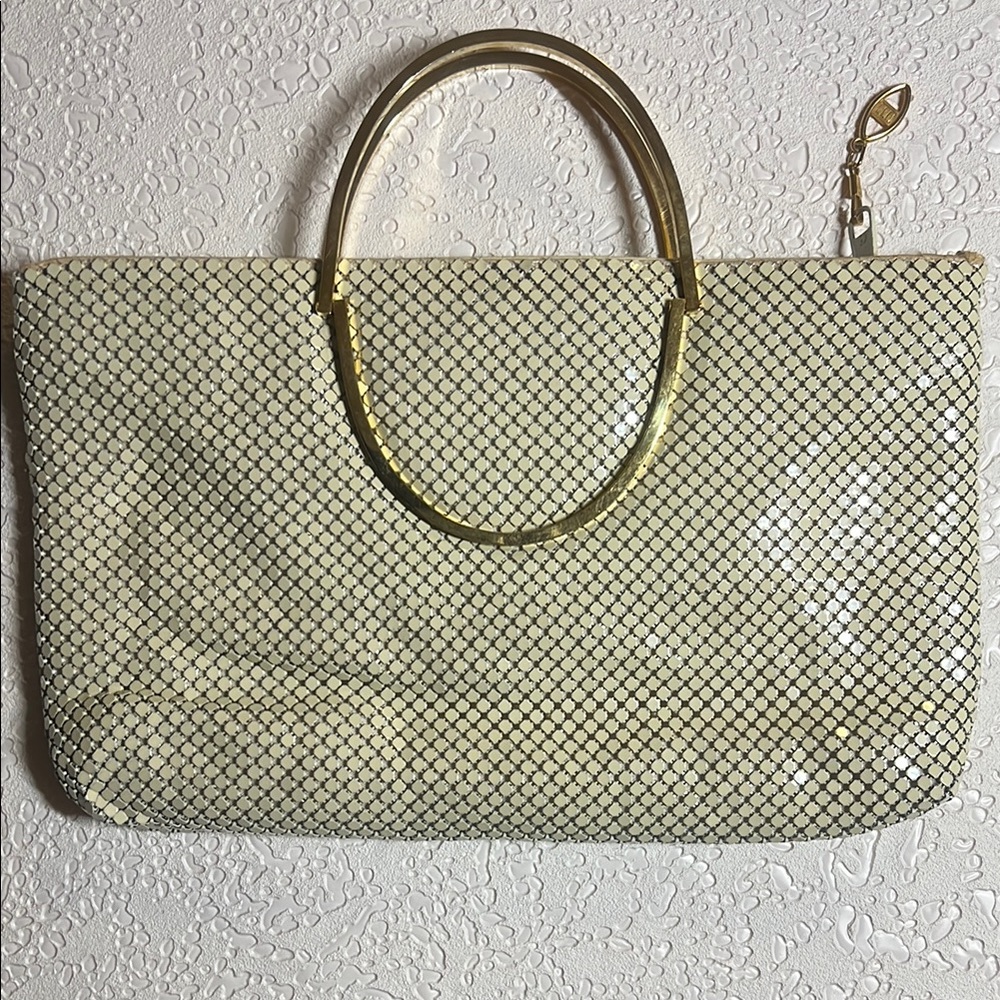Elegant Cream and Gold Metallic Mesh Clutch